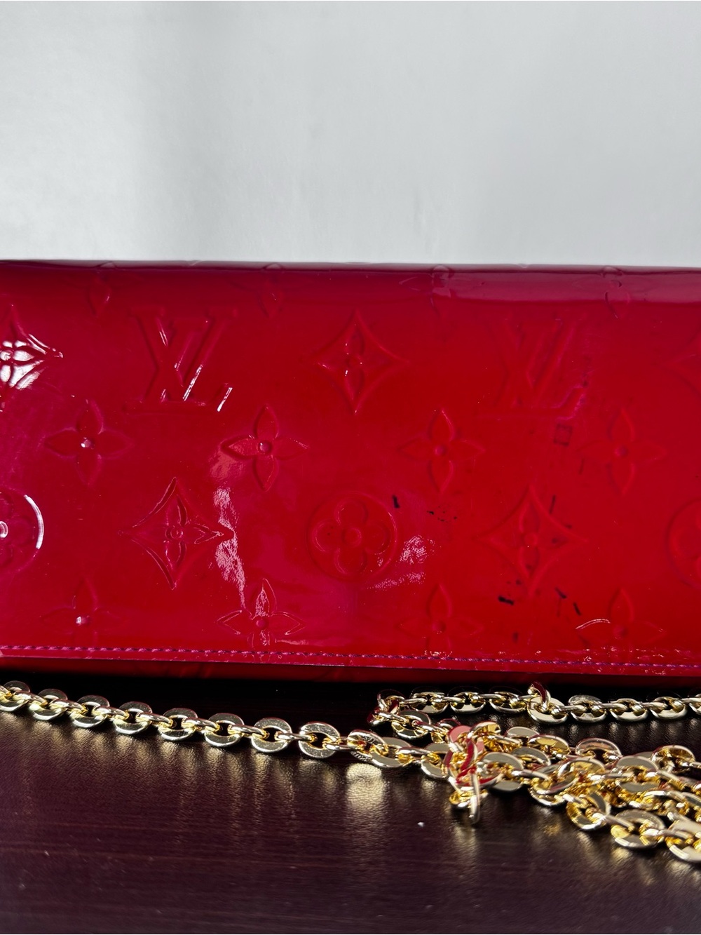 Louis Vuitton Vernis Sarah Wallet Red Patent Monogram + Chain Strap Crossbody